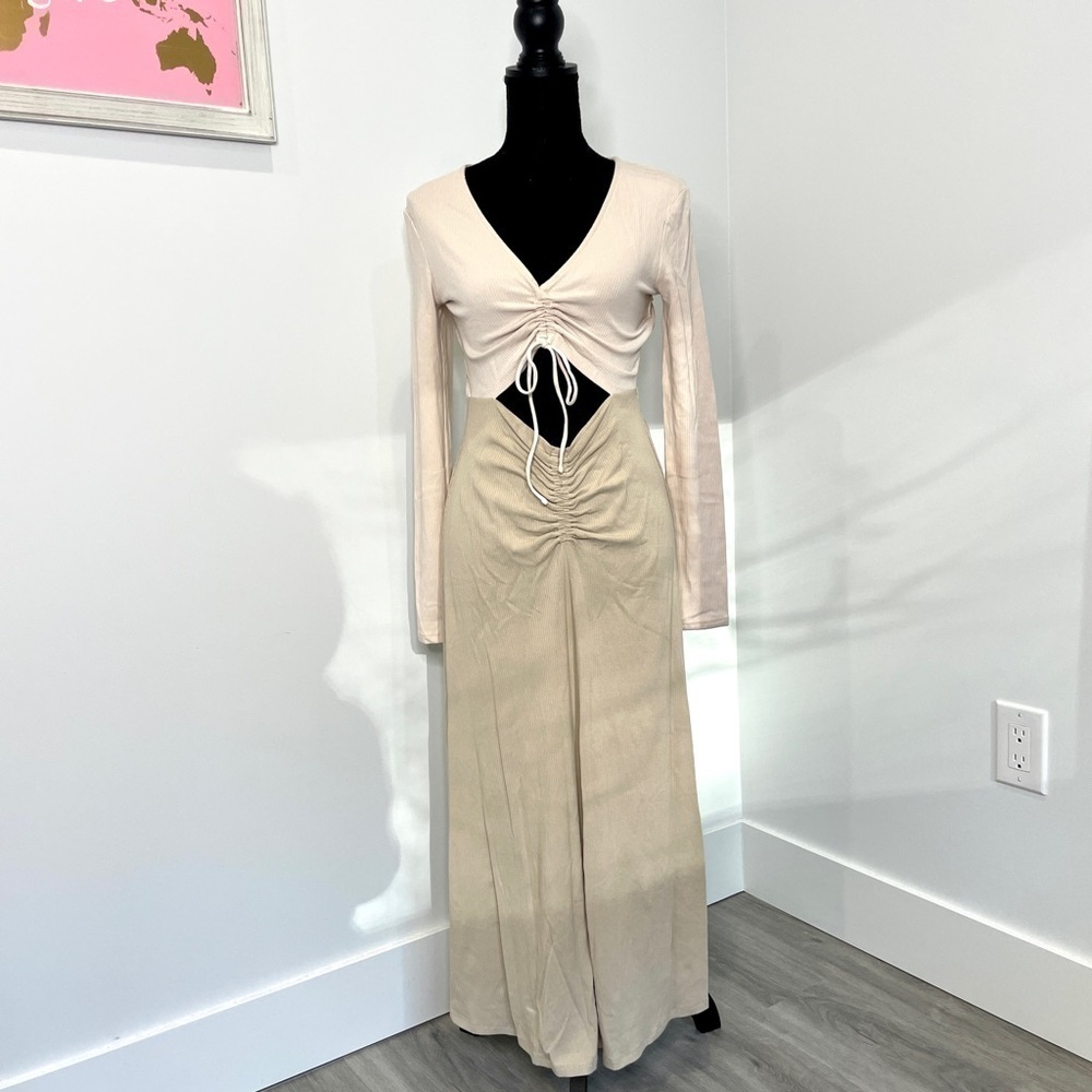 Sophie Rue Sand Nude Ribbed Long-Sleeve Ruched Cutout Waist Maxi Dress